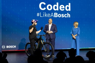 Danny MacAskill, Paul Thomas and Tanja Rückert at the CES 2025 press conference